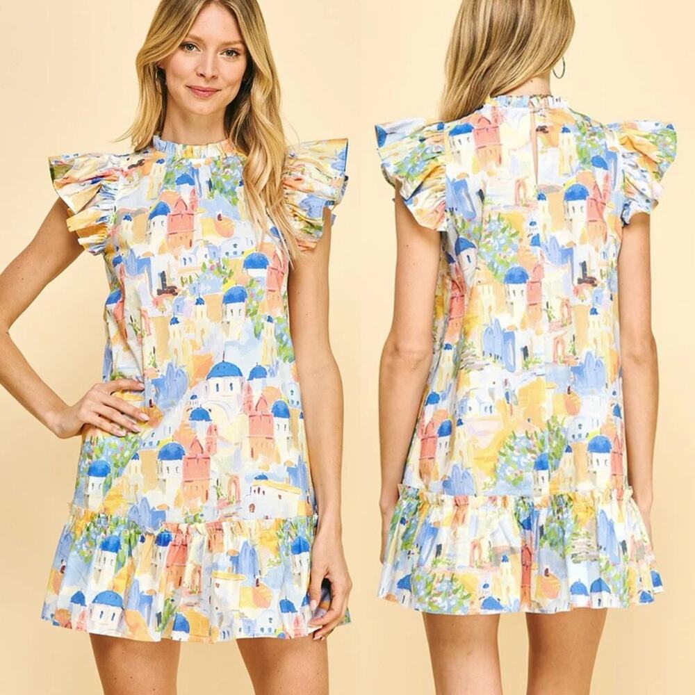 Pinch Multicolor Mediterranean Print Ruffle Mini Dress